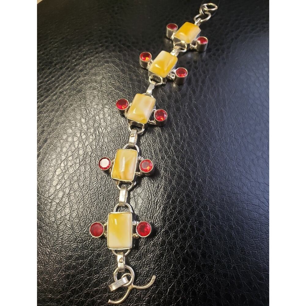 Vintage Butterscotch Amber Lab Rubies Silver 7 Inch Bracelet Double Hook Clasp